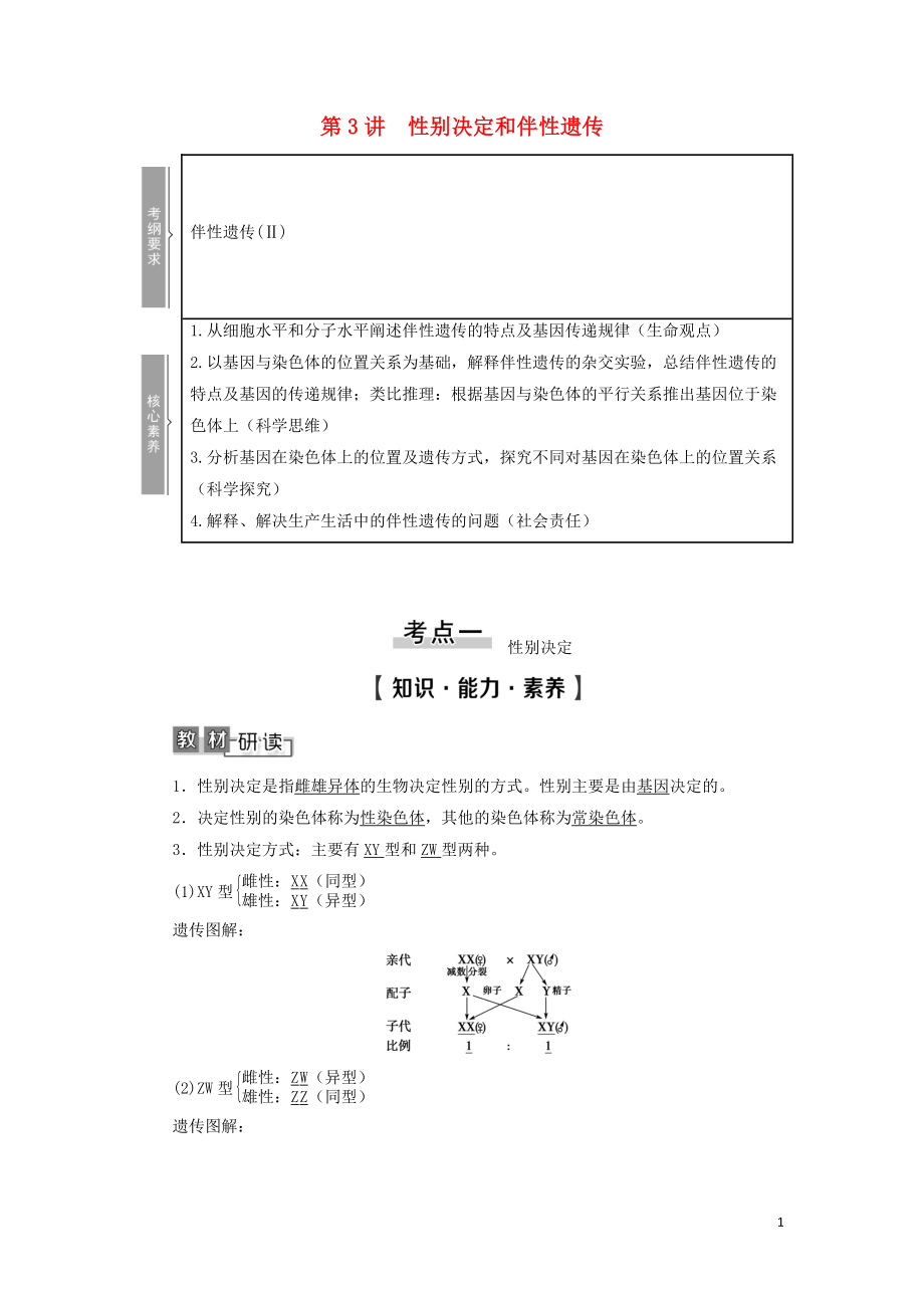 2021版高考生物一輪復習 第5單元 遺傳定律和伴性遺傳 第3講 性別決定和伴性遺傳學案 蘇教版必修2_第1頁