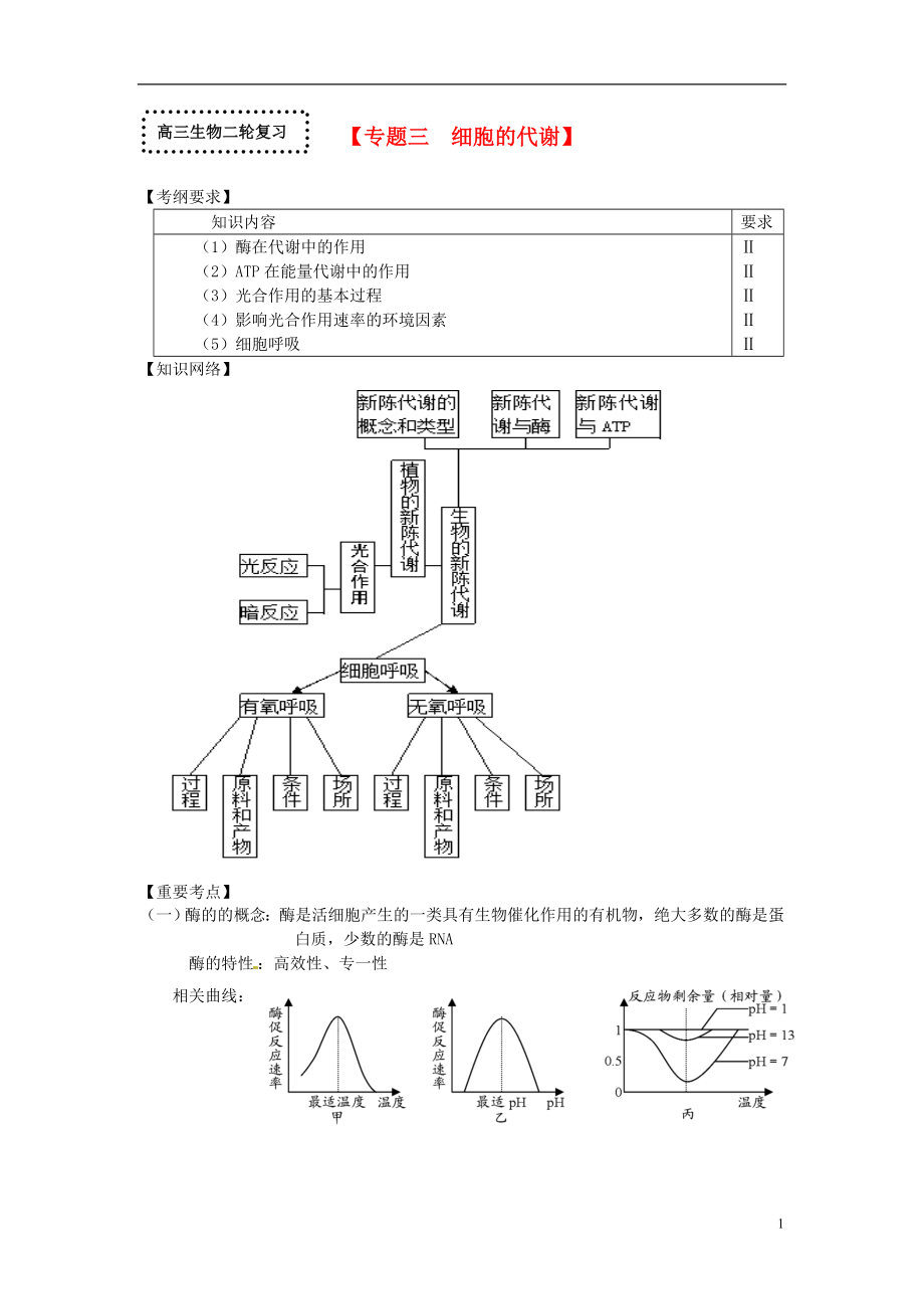 山东省郓城县实验中学2014-2015学年高考生物二轮复习 专题三 细胞的代谢学案_第1页