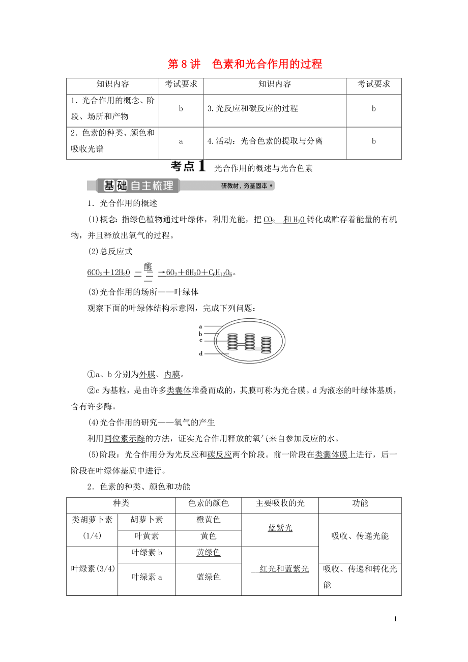 （浙江選考）2021版新高考生物一輪復(fù)習(xí) 專題3 細胞的代謝 第8講 色素和光合作用的過程教學(xué)案 新人教版_第1頁