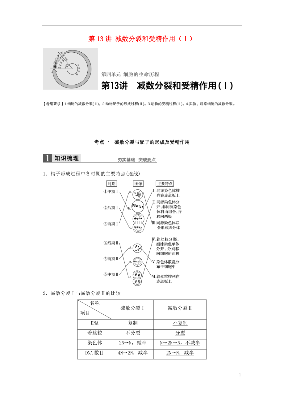 新2017高考生物一輪復(fù)習(xí) 第四單元 細(xì)胞的生命歷程 第13講 減數(shù)分裂和受精作用（Ⅰ）學(xué)案（含解析）北師大版_第1頁