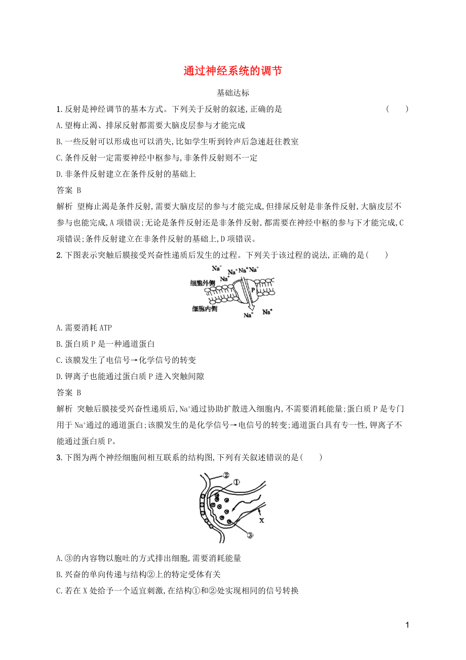 廣西2020版高考生物一輪復(fù)習(xí) 考點規(guī)范練25 通過神經(jīng)系統(tǒng)的調(diào)節(jié)（含解析）新人教版_第1頁