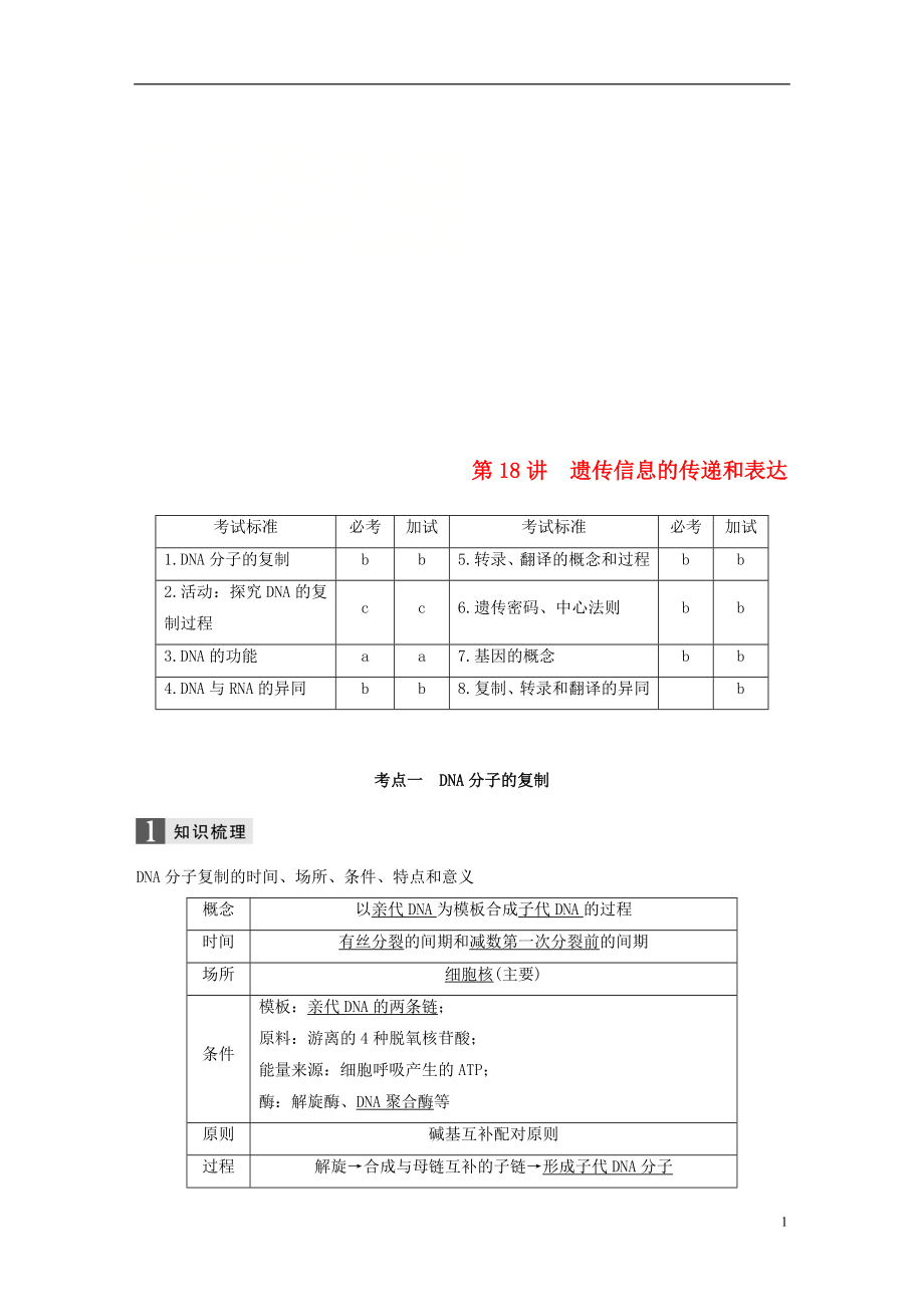 （浙江選考）2019版高考生物一輪總復習 第五單元 遺傳的分子基礎(chǔ) 第18講 遺傳信息的傳遞和表達學案_第1頁