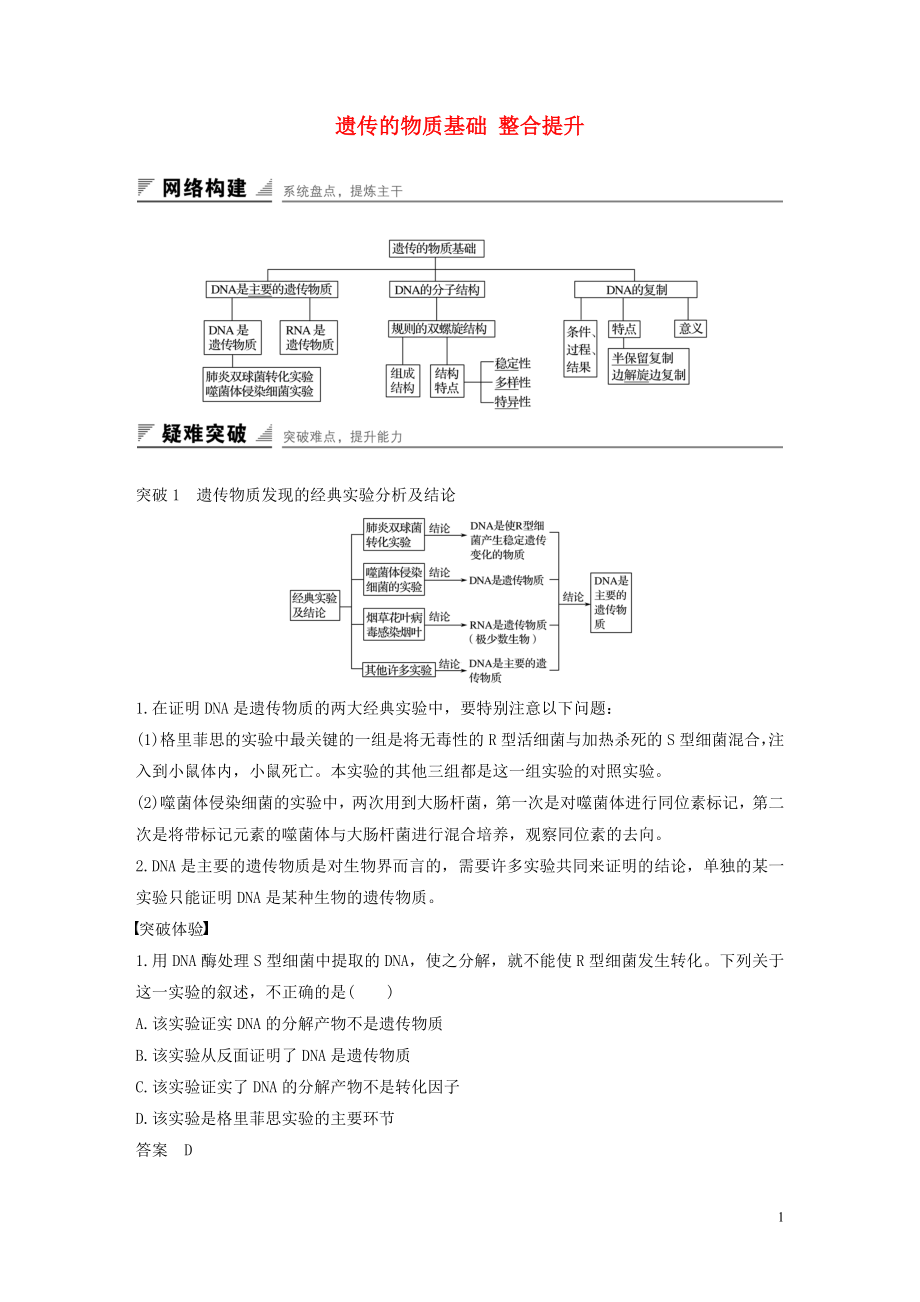 2016-2017版高中生物 3.1 遺傳的物質基礎 整合提升學案 中圖版必修2_第1頁