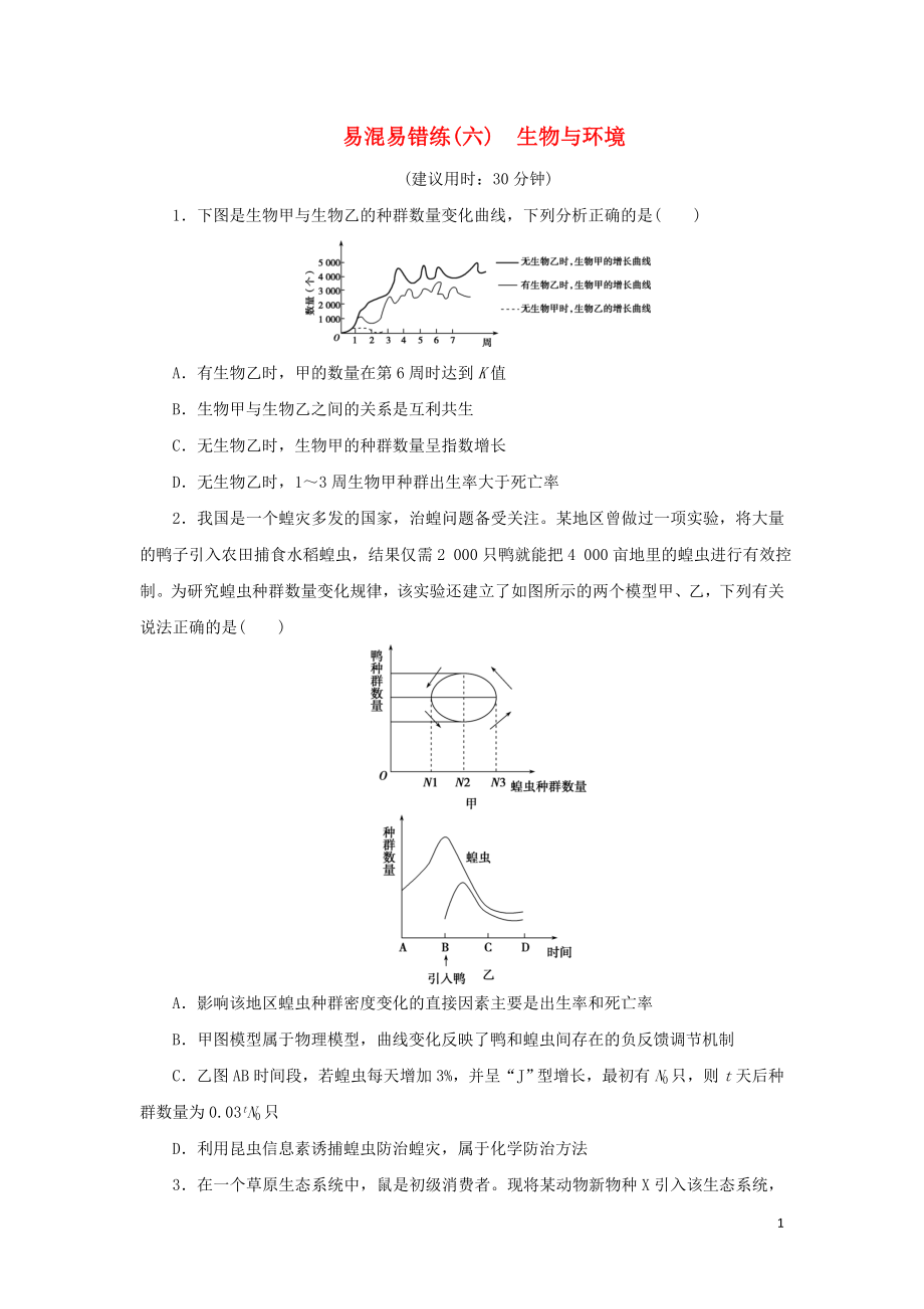 2019年高考生物二轮复习 易混易错练（六）生物与环境_第1页