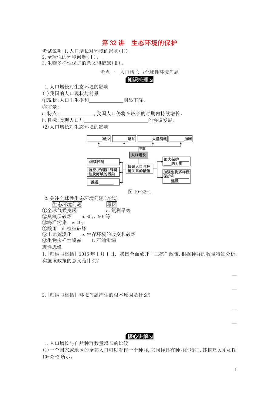 2019版高考生物一輪復習 第10單元 生態(tài)系統(tǒng)與生態(tài)環(huán)境的保護 第32講 生態(tài)環(huán)境的保護學案 蘇教版_第1頁