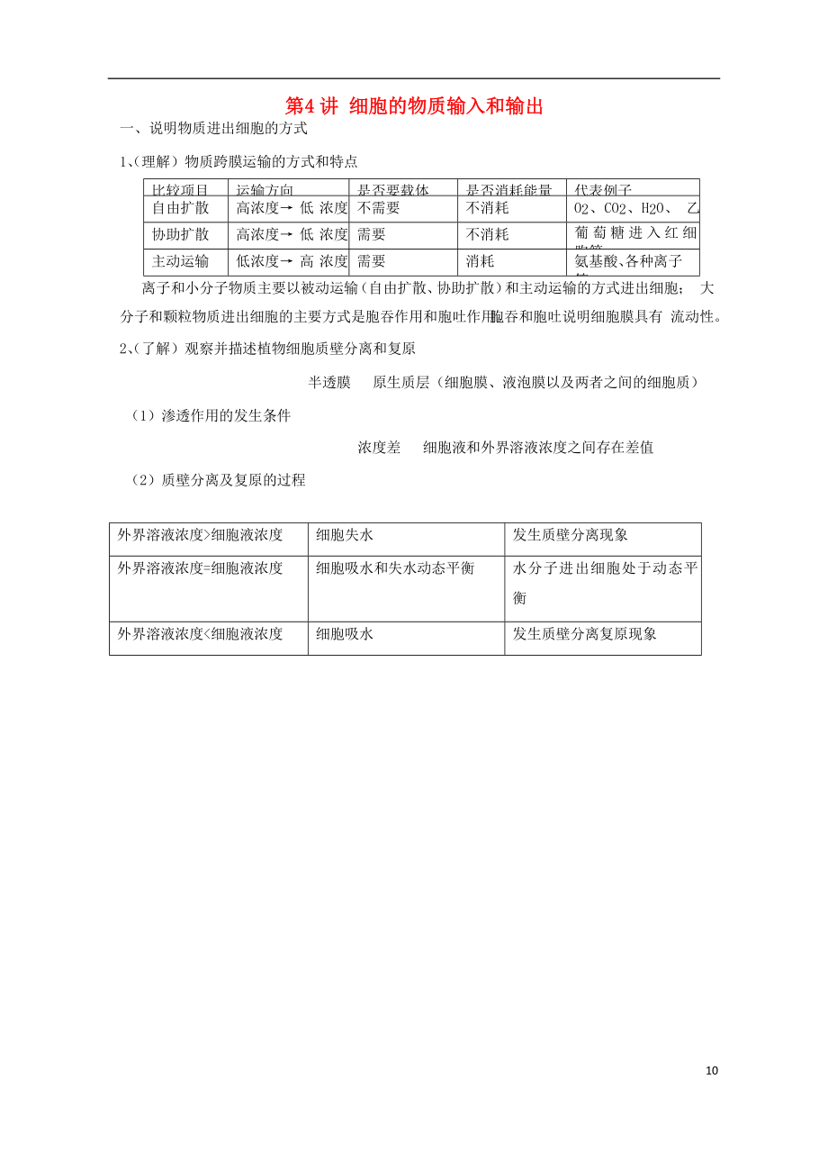 2018高中生物學(xué)業(yè)水平測試復(fù)習(xí) 第4講 細胞的物質(zhì)輸入和輸出學(xué)案_第1頁