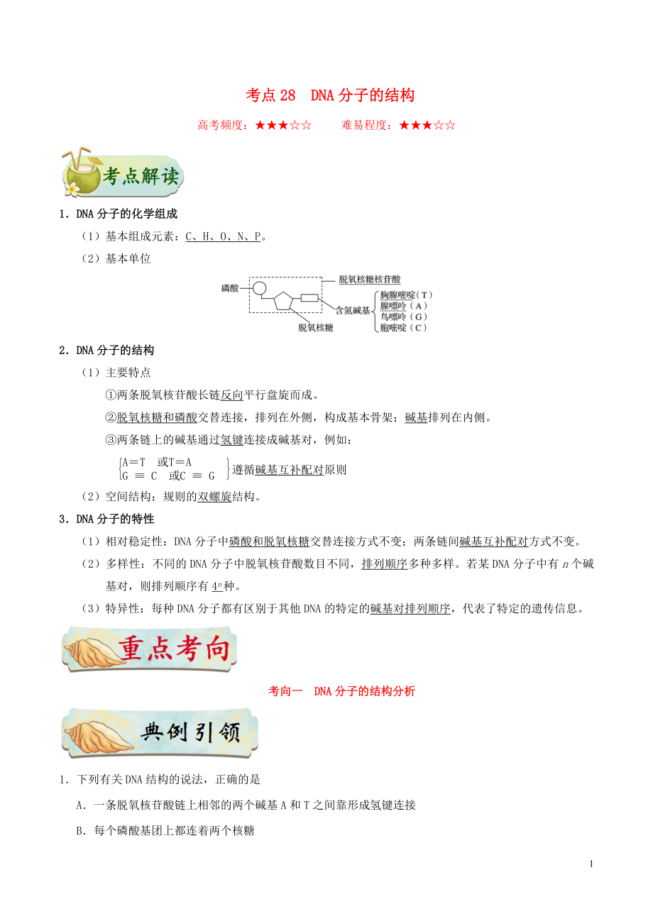 備戰(zhàn)2020年高考生物 考點(diǎn)一遍過(guò)28 DNA分子的結(jié)構(gòu)（含解析）_第1頁(yè)