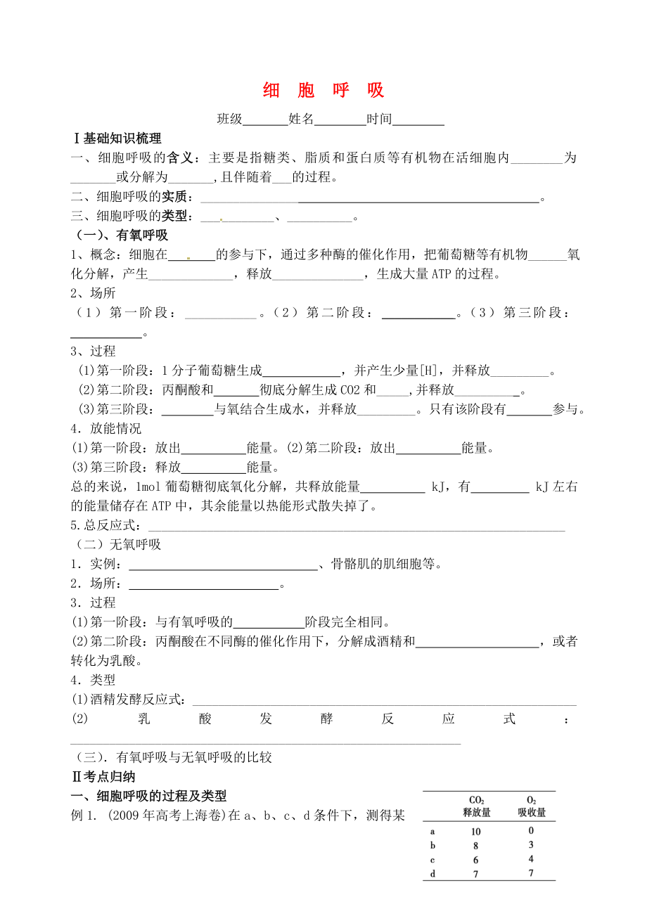 江蘇省大豐市南陽中學(xué)2015屆高考生物一輪復(fù)習(xí) 細(xì)胞呼吸學(xué)案 蘇教版必修1_第1頁