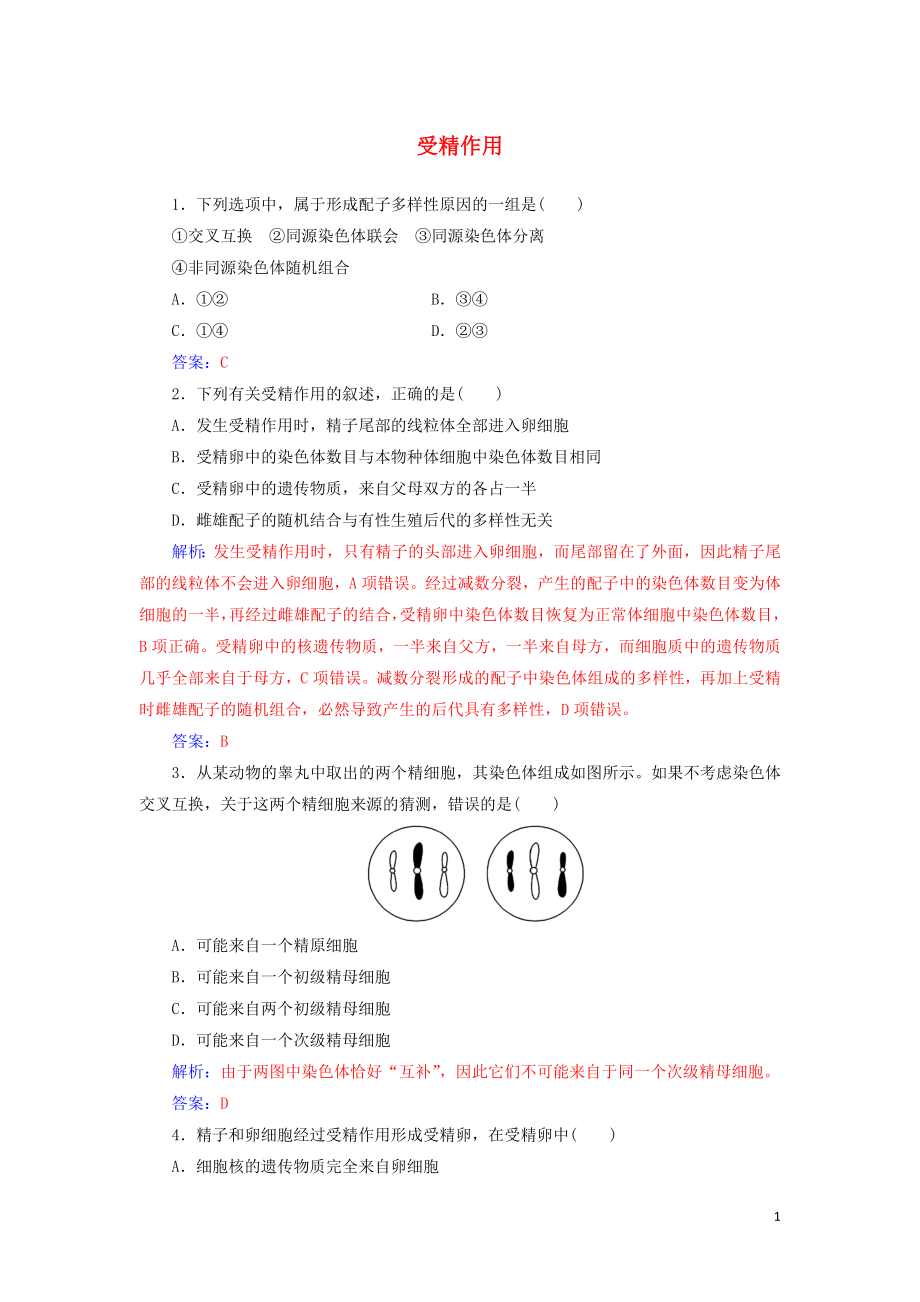 2019-2020版高中生物 第2章 第1節(jié) 第2課時(shí) 受精作用練習(xí)（含解析）新人教版必修2_第1頁