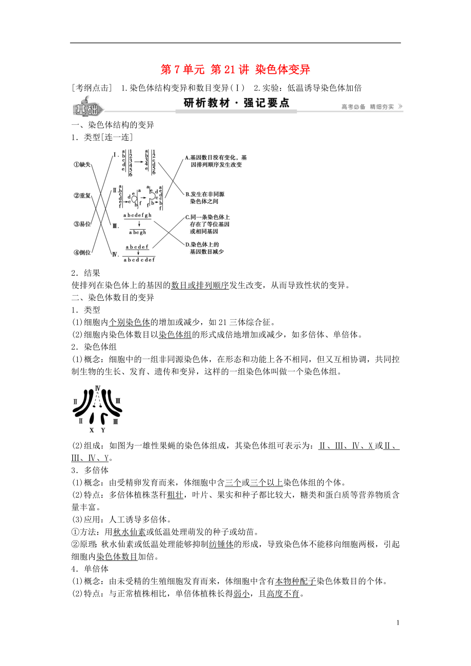 2017高考生物總復(fù)習(xí) 第7單元 第21講 染色體變異學(xué)案_第1頁(yè)