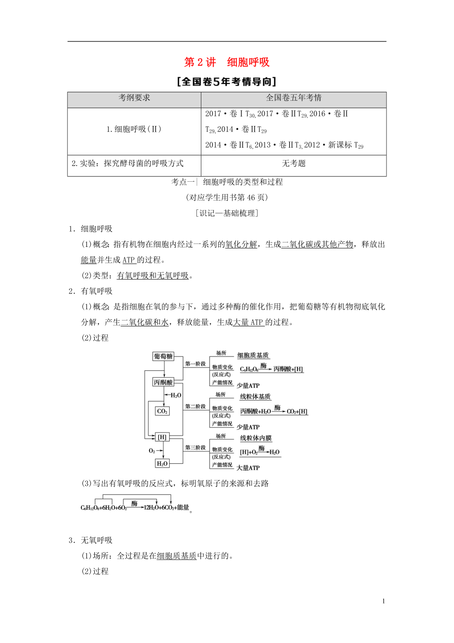 （全國(guó)版）2019版高考生物一輪復(fù)習(xí) 第3單元 細(xì)胞的能量供應(yīng)和利用 第2講 細(xì)胞呼吸學(xué)案_第1頁(yè)