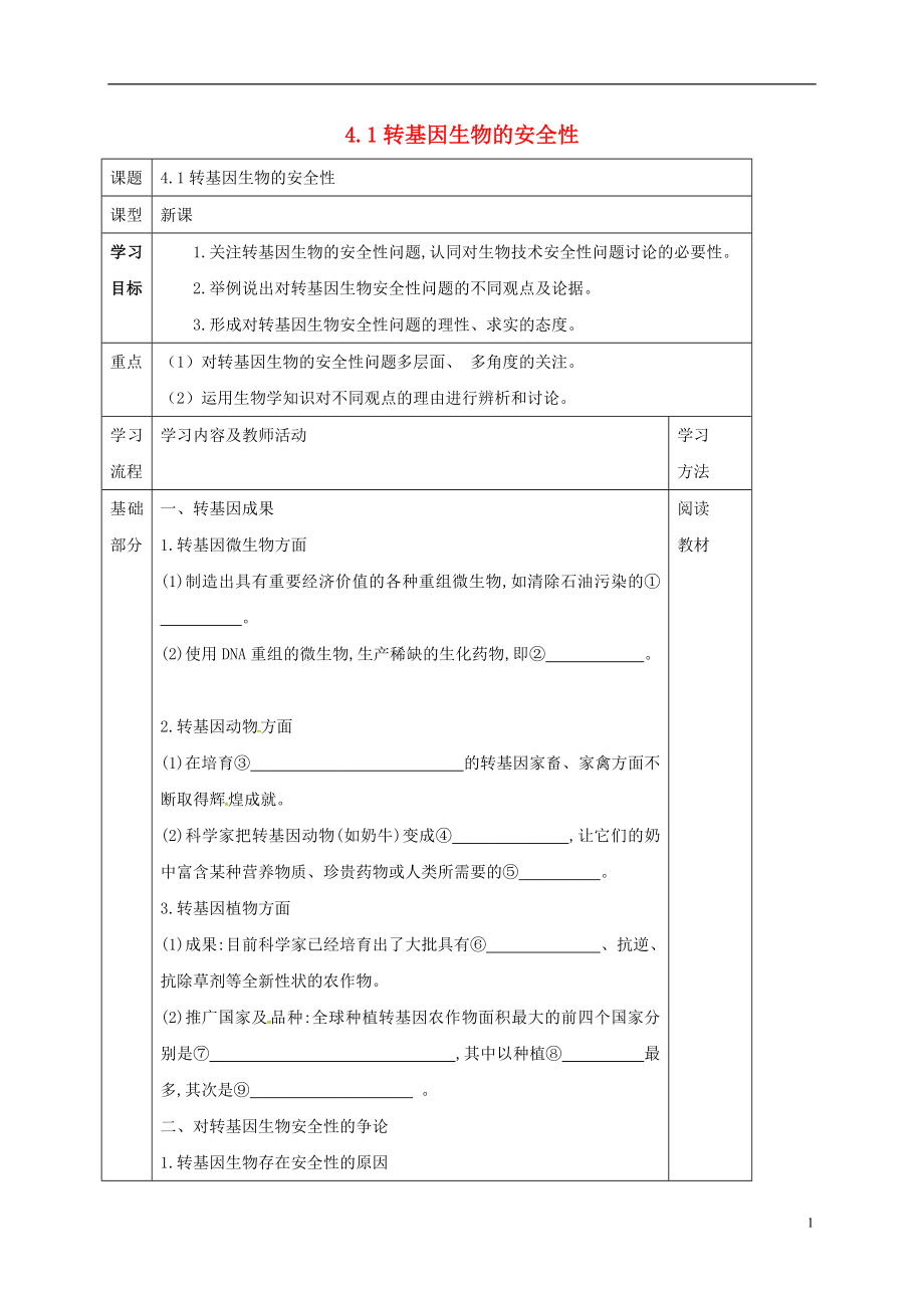 黑龍江省海林市高中生物 專題4 生物技術(shù)的安全性和倫理問題 4.1 轉(zhuǎn)基因生物的安全性學(xué)案（無答案）新人教版選修3_第1頁