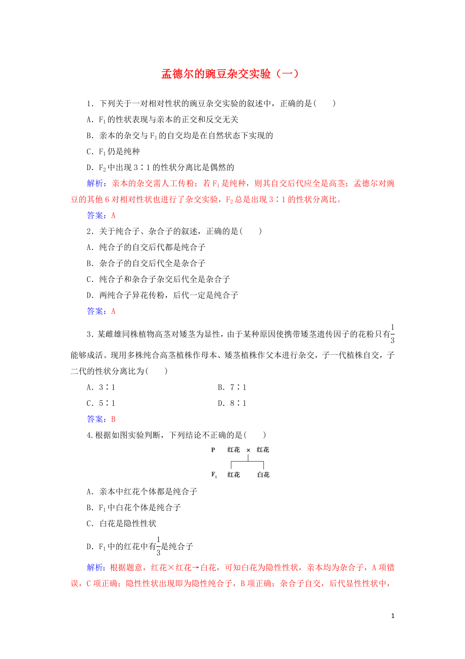 2019-2020版高中生物 第1章 第1節(jié) 孟德爾的豌豆雜交實驗（一）練習(xí)（含解析）新人教版必修2_第1頁