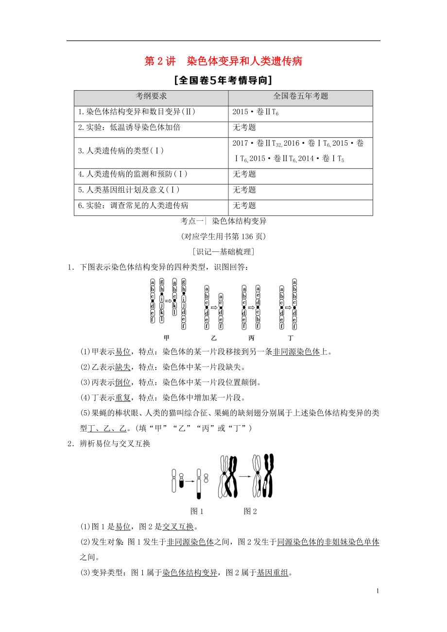 （全國版）2019版高考生物一輪復(fù)習 第7單元 生物的變異、育種和進化 第2講 染色體變異和人類遺傳病學案_第1頁