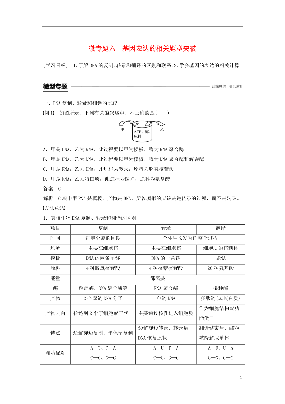 2018-2019学年高中生物 第4章 基因的表达 微专题六 基因表达的相关题型突破学案 新人教版必修2_第1页