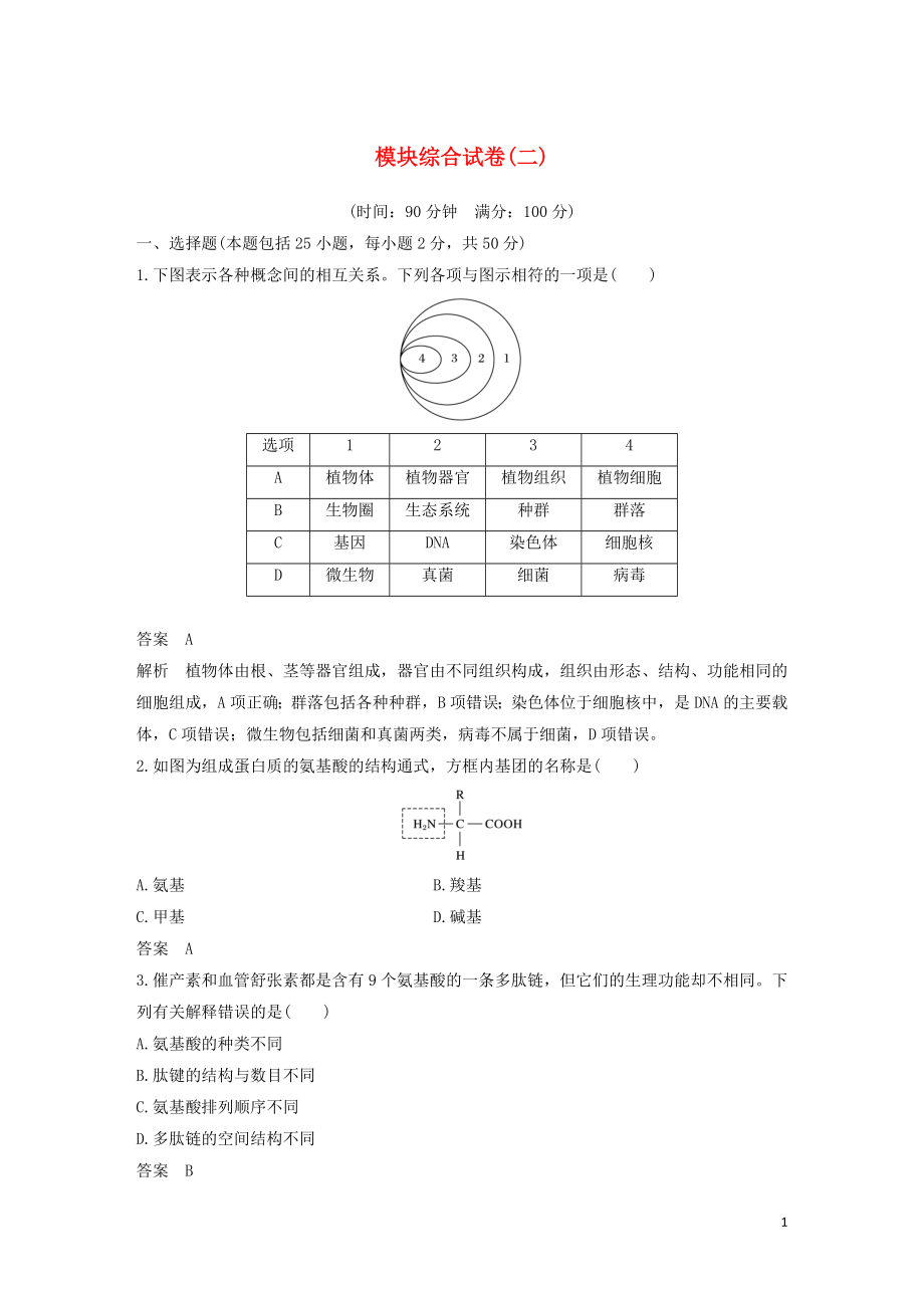 2019-2020版高中生物 模塊綜合試卷（二）蘇教版必修1_第1頁