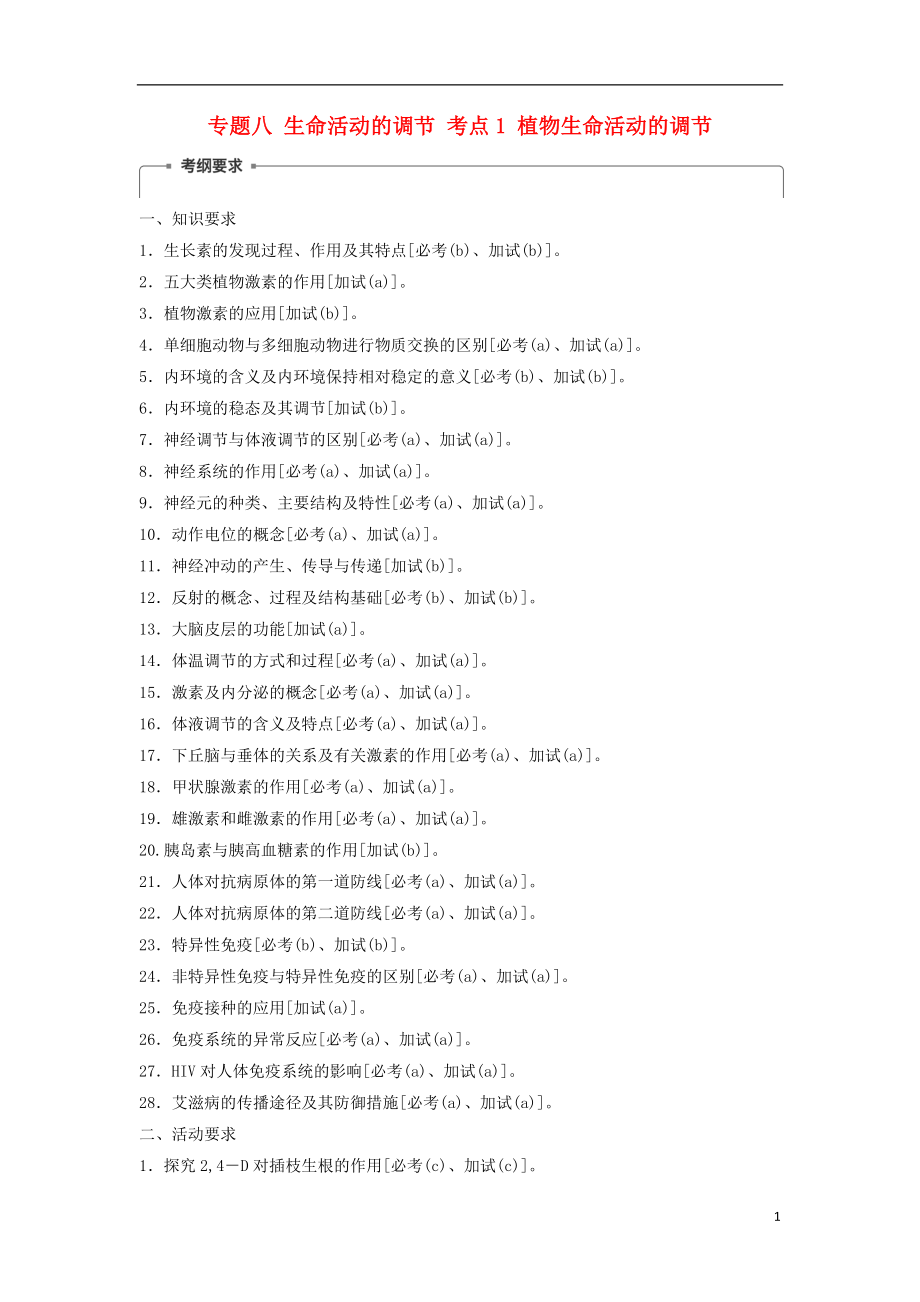 （浙江選考）2018屆高三生物二輪專題復(fù)習(xí) 專題八 生命活動的調(diào)節(jié) 考點1 植物生命活動的調(diào)節(jié)學(xué)案 新人教版_第1頁