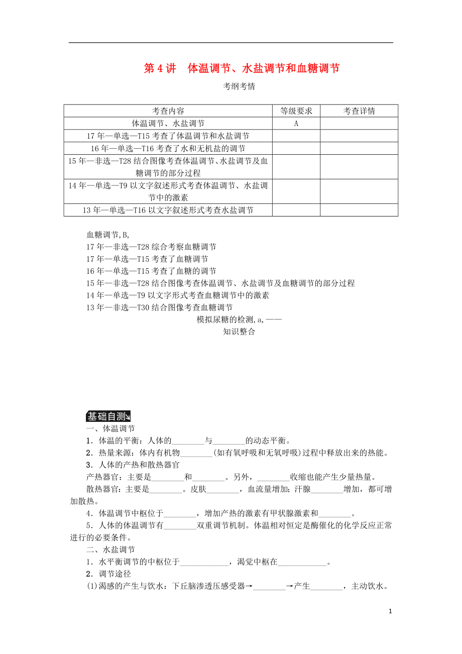 （江蘇專用）2019年高考生物一輪總復(fù)習(xí) 第8單元 人和動(dòng)物生命活動(dòng)的調(diào)節(jié) 第4講 體溫調(diào)節(jié)、水鹽調(diào)節(jié)和血糖調(diào)節(jié)學(xué)案_第1頁(yè)