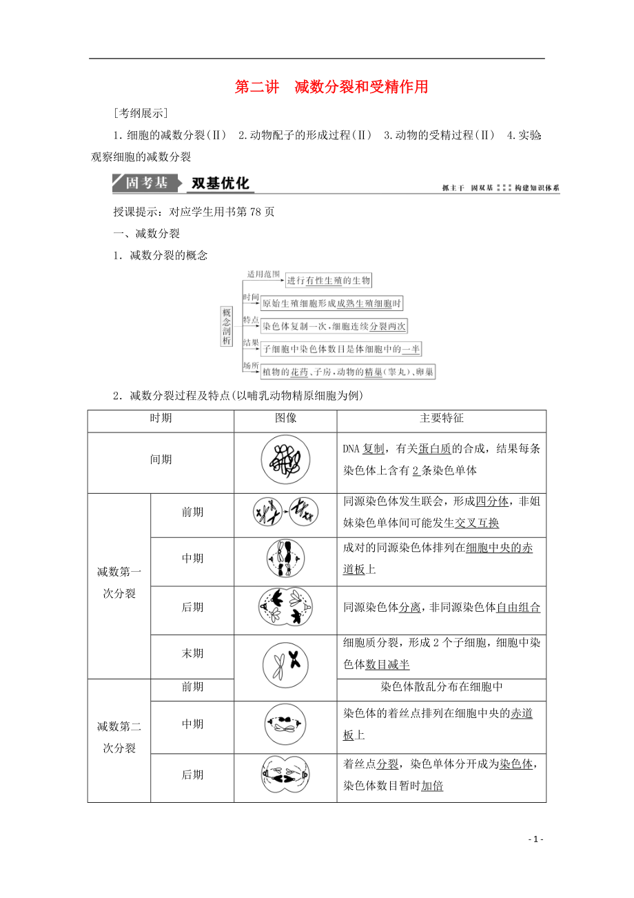 2018版高考生物一輪復(fù)習(xí) 第四單元 細胞的生命歷程 第二講 減數(shù)分裂和受精作用學(xué)案 新人教版_第1頁