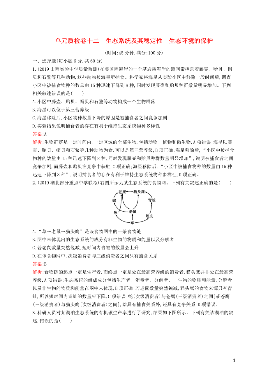 （廣西專用）2021版高考生物一輪復(fù)習(xí) 單元質(zhì)檢卷十二 生態(tài)系統(tǒng)及其穩(wěn)定性 生態(tài)環(huán)境的保護(hù)（含解析）新人教版_第1頁(yè)