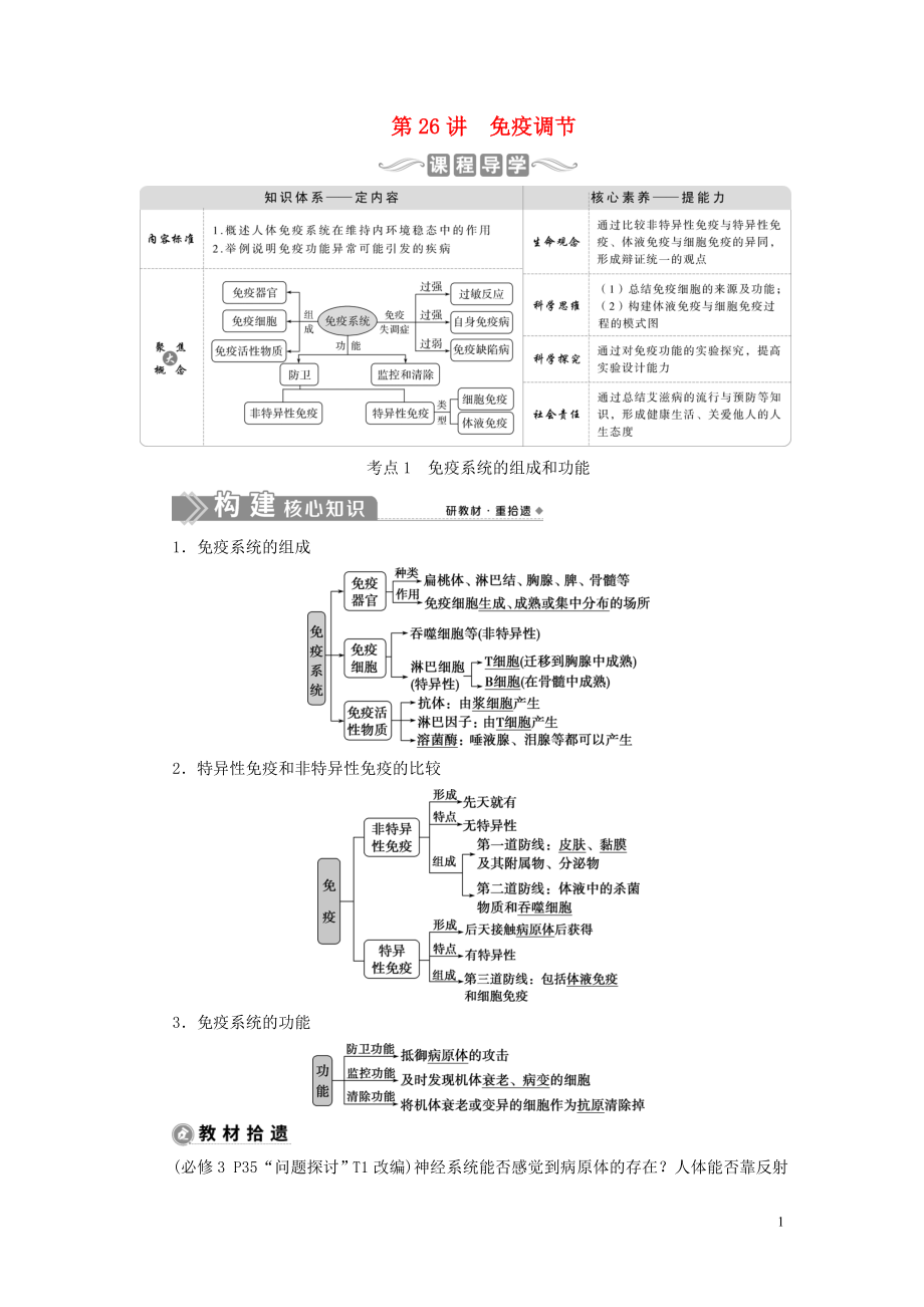 （選考）2021版新高考生物一輪復習 第八單元 生命活動的調(diào)節(jié) 第26講 免疫調(diào)節(jié)學案 新人教版_第1頁