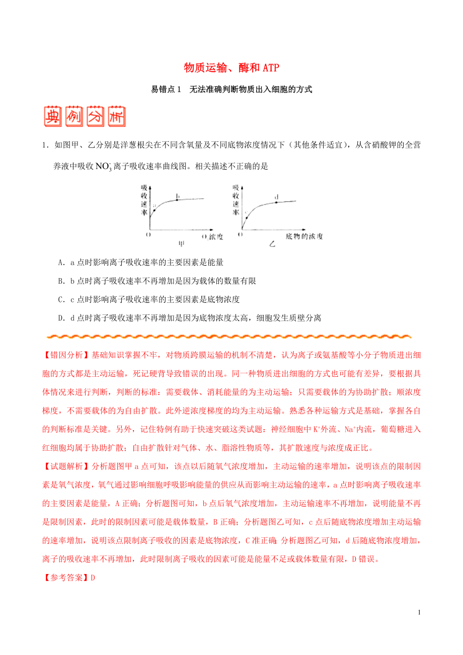 備戰(zhàn)2020年高考生物 糾錯筆記系列 專題02 物質(zhì)運輸、酶和ATP（含解析）_第1頁