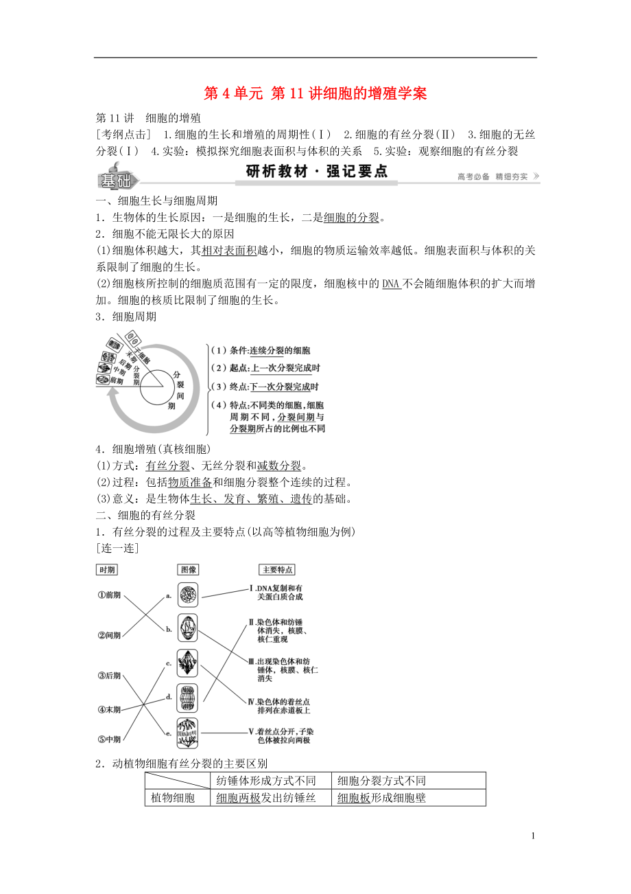 2017高考生物總復(fù)習(xí) 第4單元 第11講細(xì)胞的增殖學(xué)案_第1頁(yè)