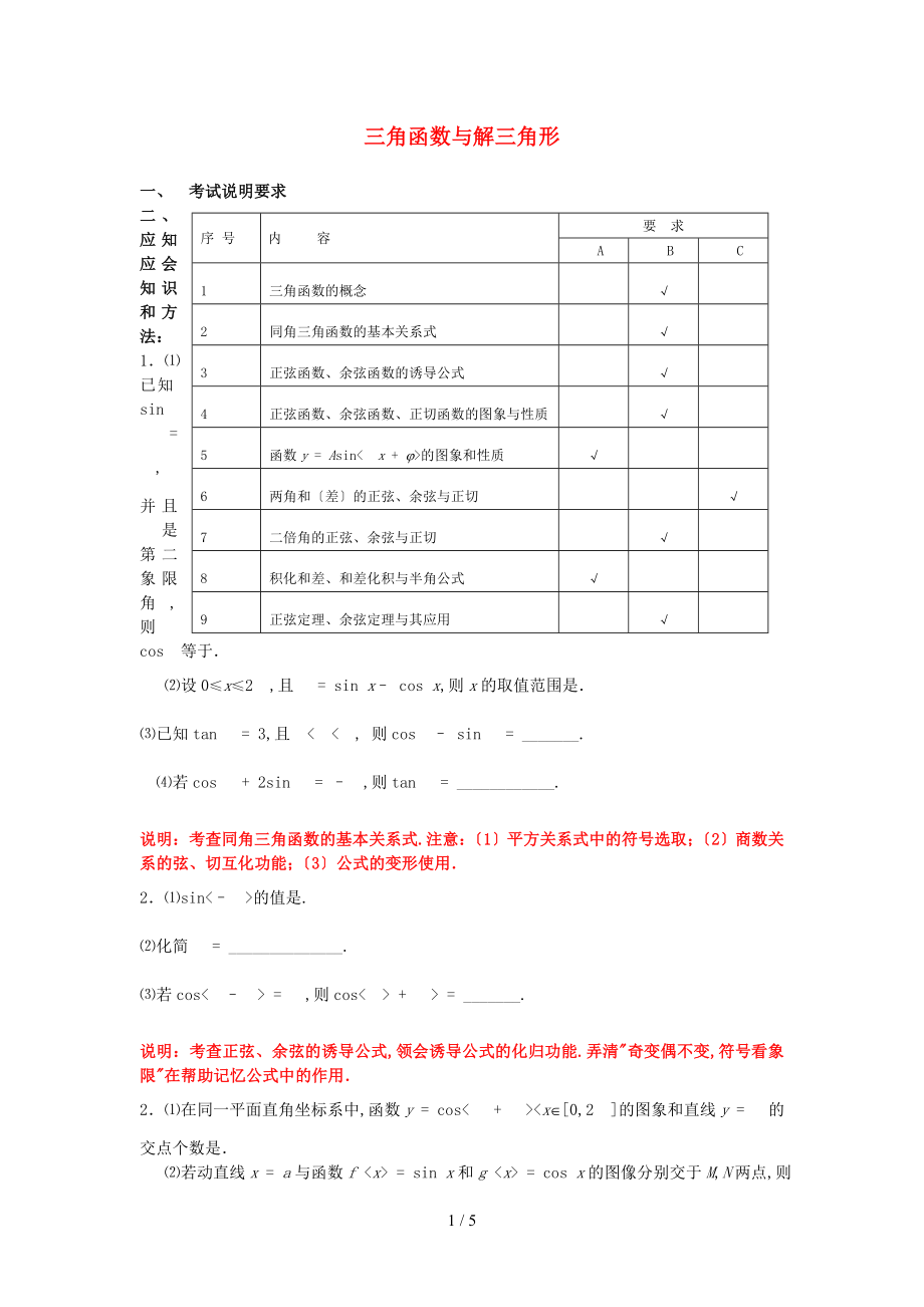 高三應(yīng)知應(yīng)會(huì)講義三角函數(shù)與解三角形教案蘇教版_第1頁