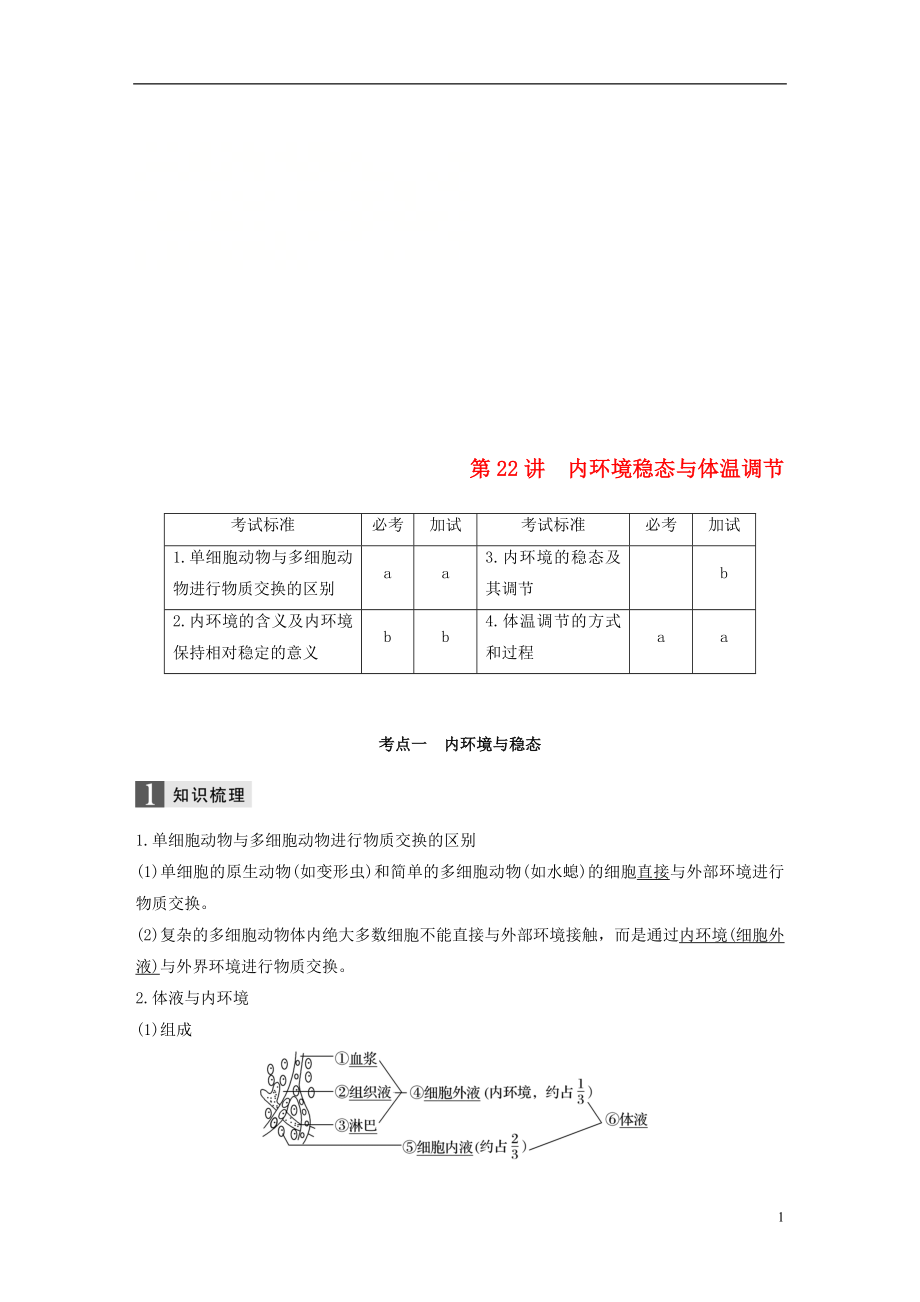 （浙江選考）2019版高考生物一輪總復(fù)習(xí) 第七單元 生物體生命活動(dòng)的調(diào)節(jié)與免疫 第22講 內(nèi)環(huán)境穩(wěn)態(tài)與體溫調(diào)節(jié)學(xué)案_第1頁(yè)