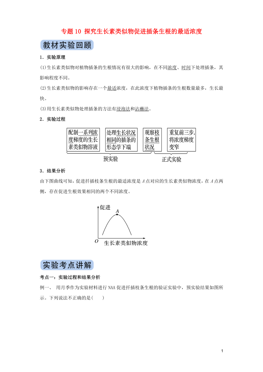 2020年高考生物實驗突破 專題10 探究生長素類似物促進插條生根的最適濃度（含解析）_第1頁