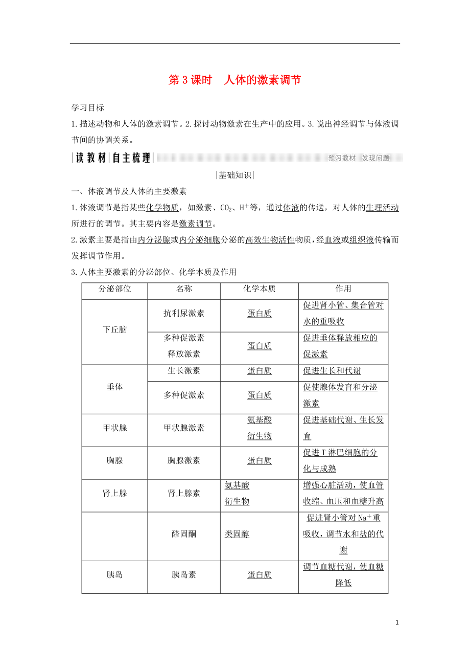 2018-2019版高中生物 第二章 生物的個(gè)體穩(wěn)態(tài) 第二節(jié) 第3課 人體的激素調(diào)節(jié)學(xué)案 蘇教版必修3_第1頁