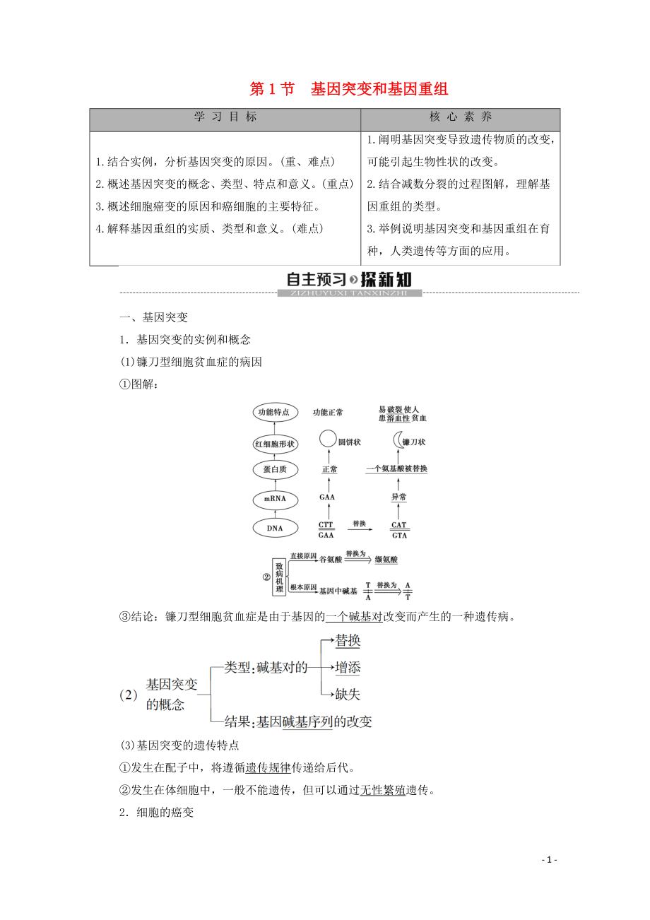 2019-2020學(xué)年新教材高中生物 第5章 基因突變及其他變異 第1節(jié) 基因突變和基因重組教學(xué)案 新人教版必修第二冊(cè)_第1頁(yè)