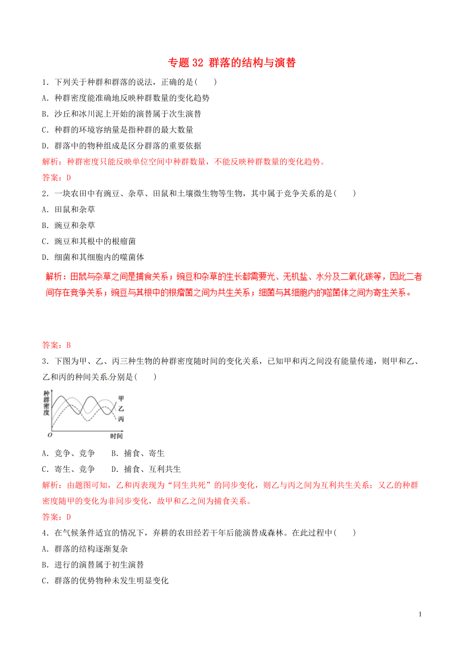 2019年高考生物热点题型和提分秘籍 专题32 群落的结构与演替题型专练_第1页