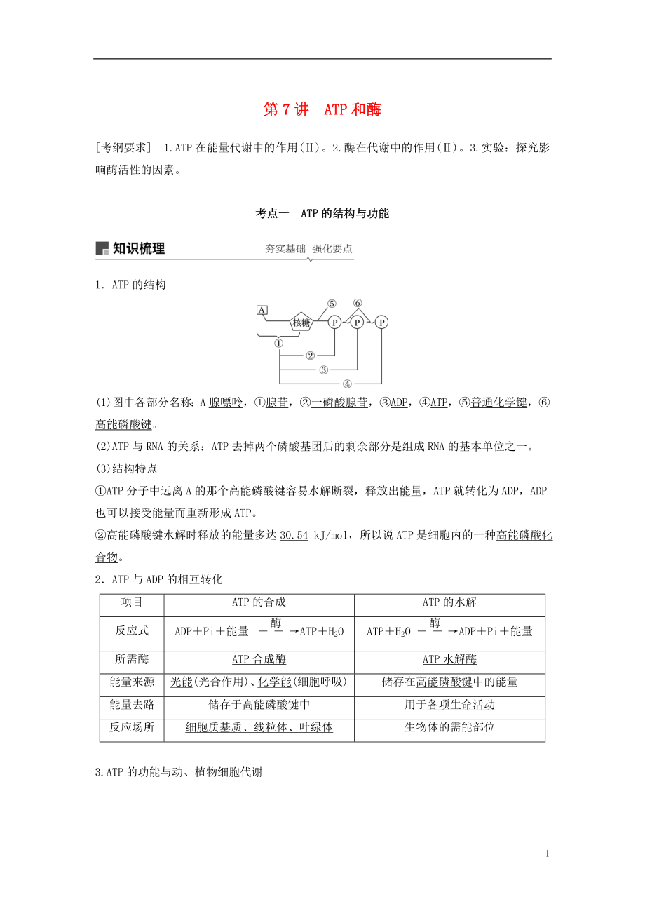 2018-2019學(xué)年高考生物大一輪復(fù)習(xí) 第三單元 細(xì)胞的能量供應(yīng)和利用 第7講 ATP和酶學(xué)案_第1頁