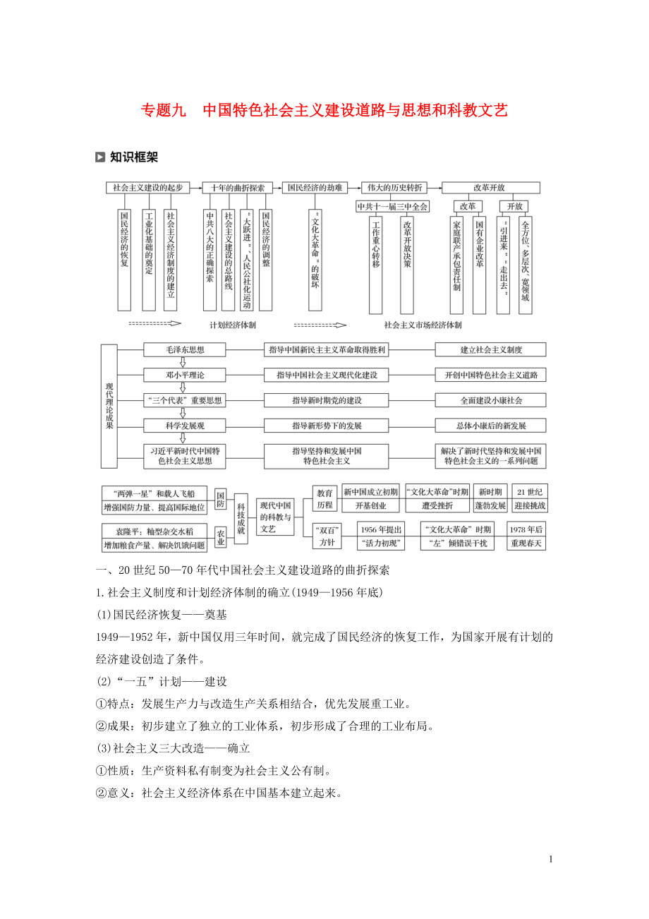 （新課標(biāo)）2020版高考?xì)v史大二輪復(fù)習(xí) 第三單元 中國(guó)現(xiàn)代史 專題九 中國(guó)特色社會(huì)主義建設(shè)道路與思想和科教文藝學(xué)案 新人教版_第1頁