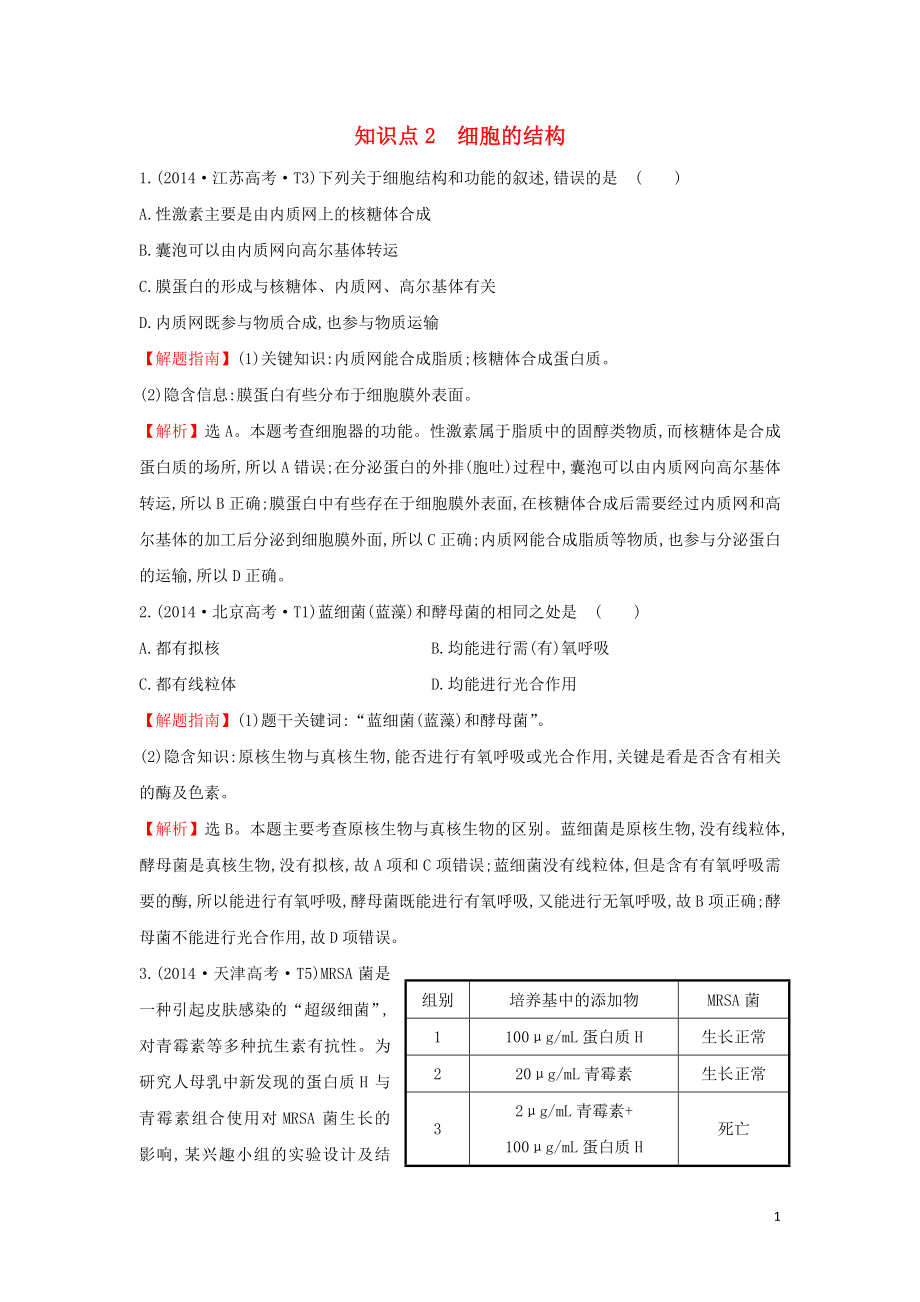 2020屆高考生物一輪復(fù)習(xí) 高考真題分類題庫 2014年知識點2 細(xì)胞的結(jié)構(gòu)（含解析）_第1頁