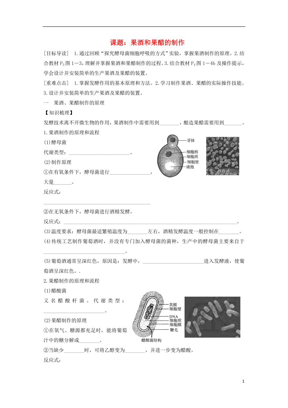 江苏省射阳县高中生物 第一章 无茵操作技术实践 1.1 果酒和果醋的制作活动单学案（无答案）苏教版选修1_第1页