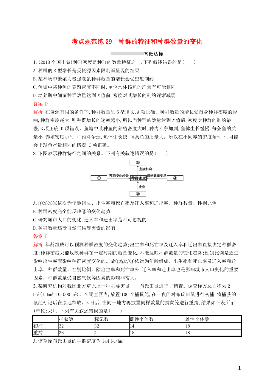 （廣西專用）2021版高考生物一輪復(fù)習(xí) 考點規(guī)范練29 種群的特征和種群數(shù)量的變化（含解析）新人教版_第1頁