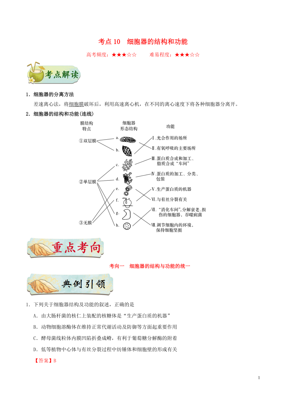 備戰(zhàn)2020年高考生物 考點(diǎn)一遍過10 細(xì)胞器的結(jié)構(gòu)和功能（含解析）_第1頁