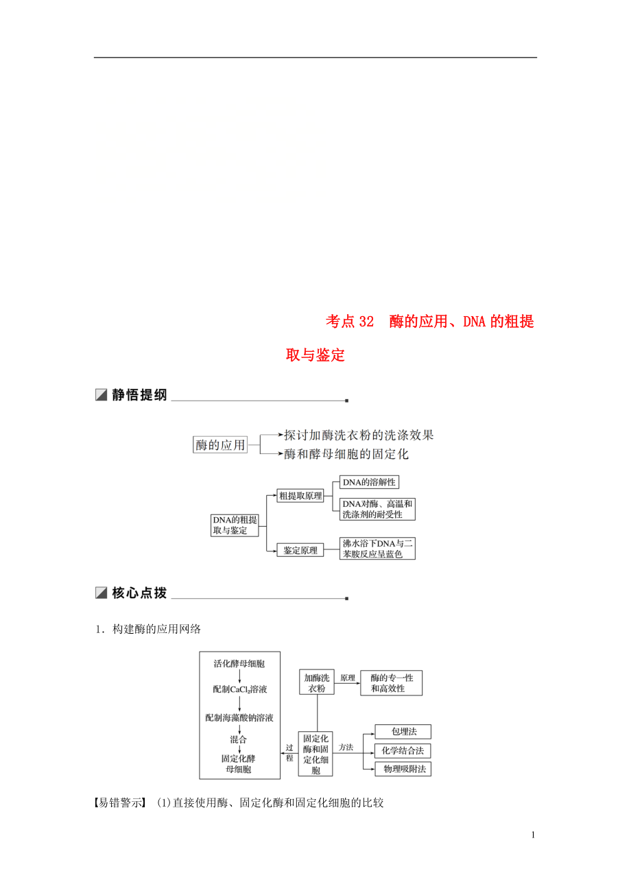 （江蘇專用）2019高考生物二輪復(fù)習(xí) 專題十一 生物技術(shù)實(shí)踐 考點(diǎn)32 酶的應(yīng)用、DNA的粗提取與鑒定學(xué)案_第1頁