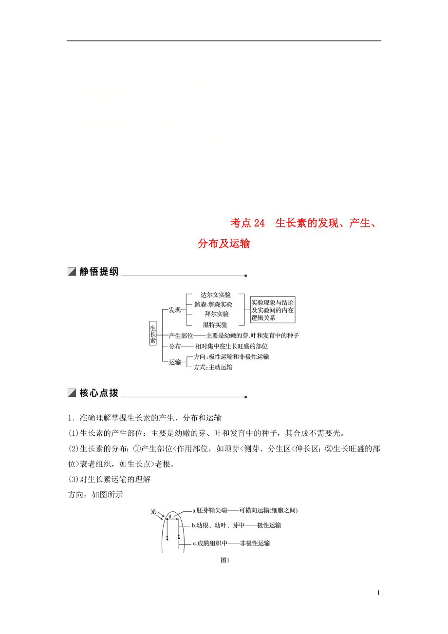 （江蘇專用）2019高考生物二輪復(fù)習(xí) 專題八 植物的激素調(diào)節(jié) 考點(diǎn)24 生長素的發(fā)現(xiàn)、產(chǎn)生、分布及運(yùn)輸學(xué)案_第1頁