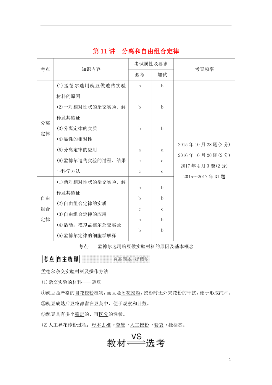 （浙江專版）2019版高考生物一輪復(fù)習(xí) 第11講 分離和自由組合定律學(xué)案_第1頁