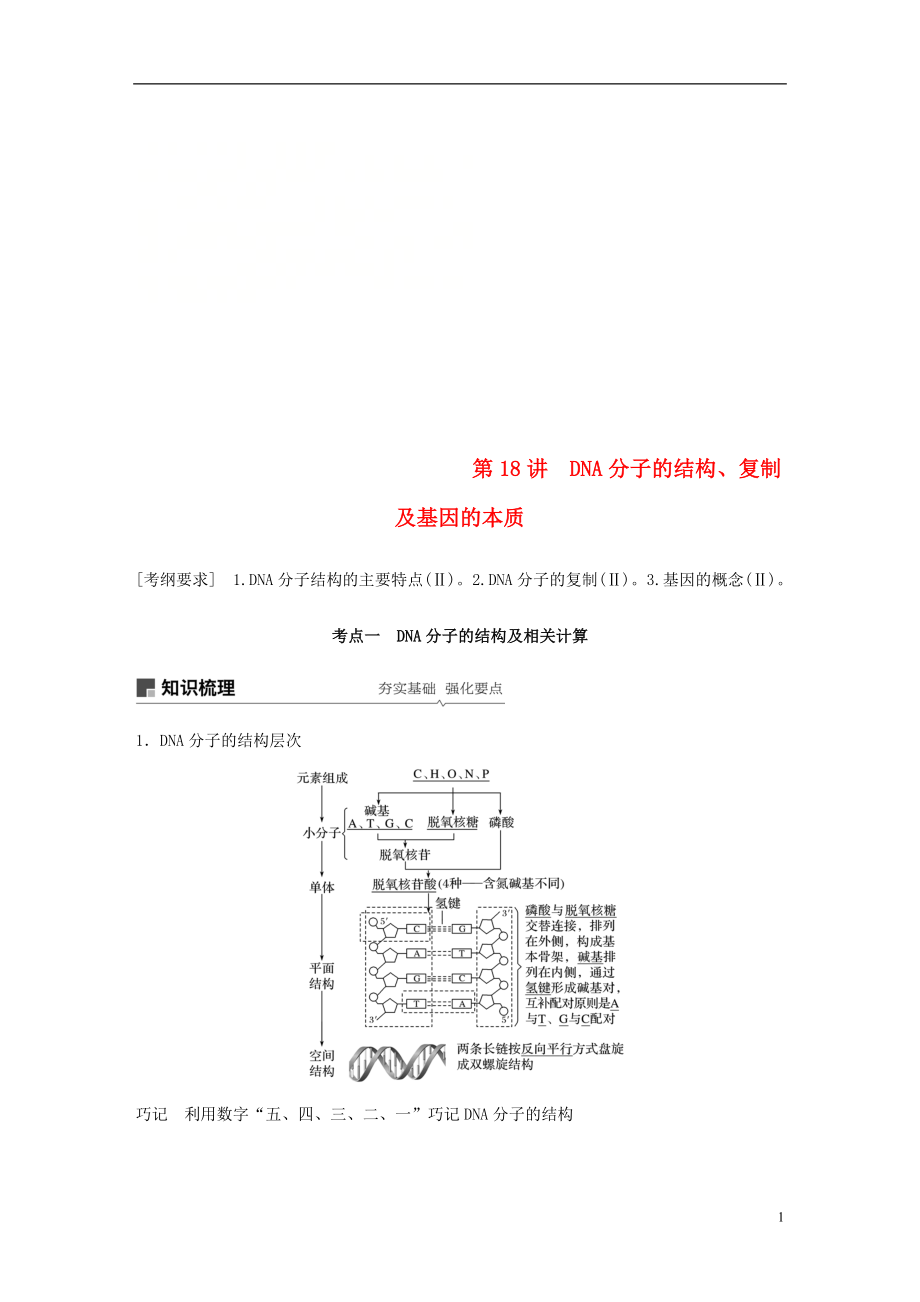 2018-2019學(xué)年高考生物大一輪復(fù)習(xí) 第六單元 遺傳的分子基礎(chǔ) 第18講 DNA分子的結(jié)構(gòu)、復(fù)制及基因的本質(zhì)學(xué)案_第1頁