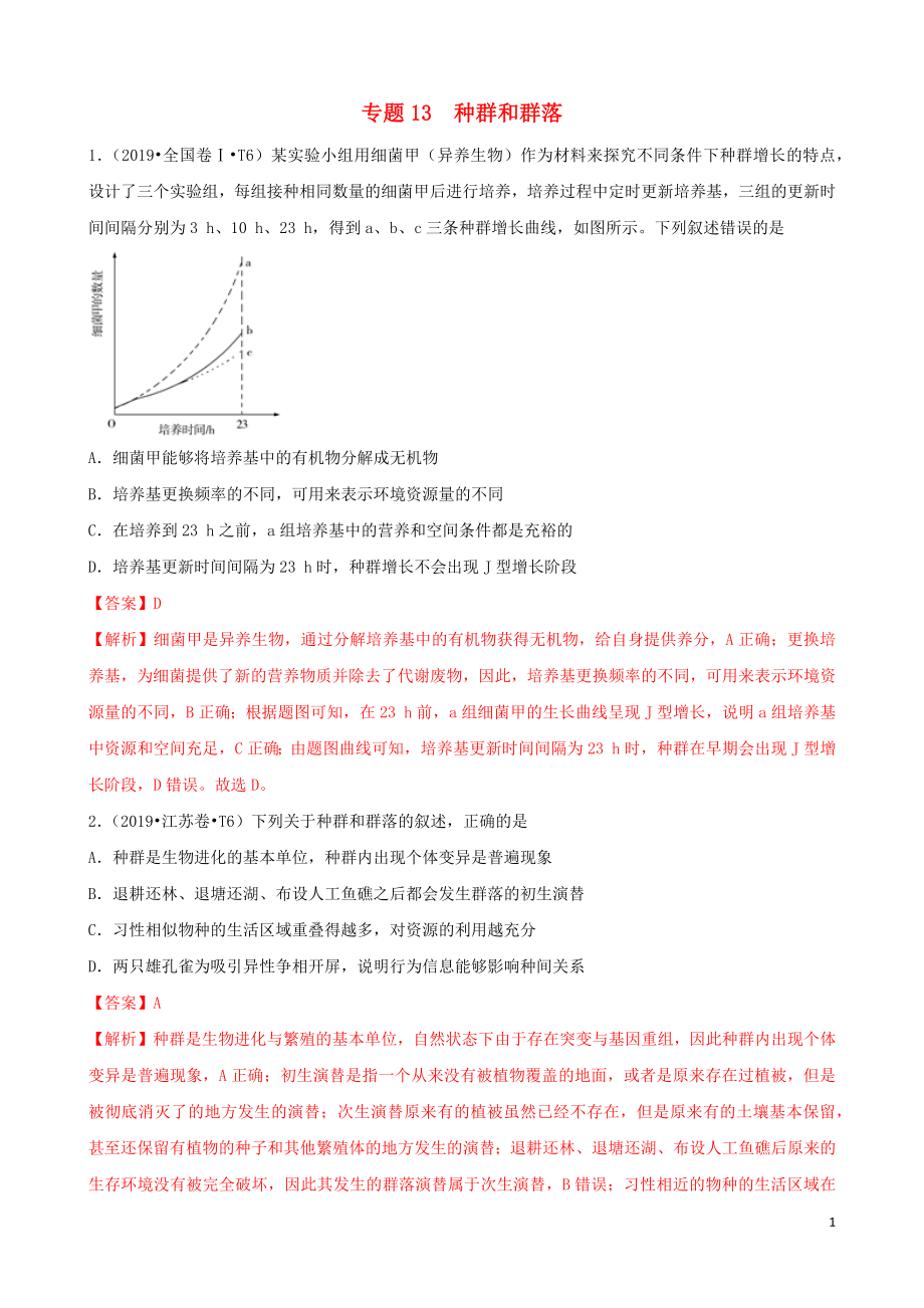 （2010-2019）十年高考生物真題分類匯編 專題13 種群和群落（含解析）_第1頁