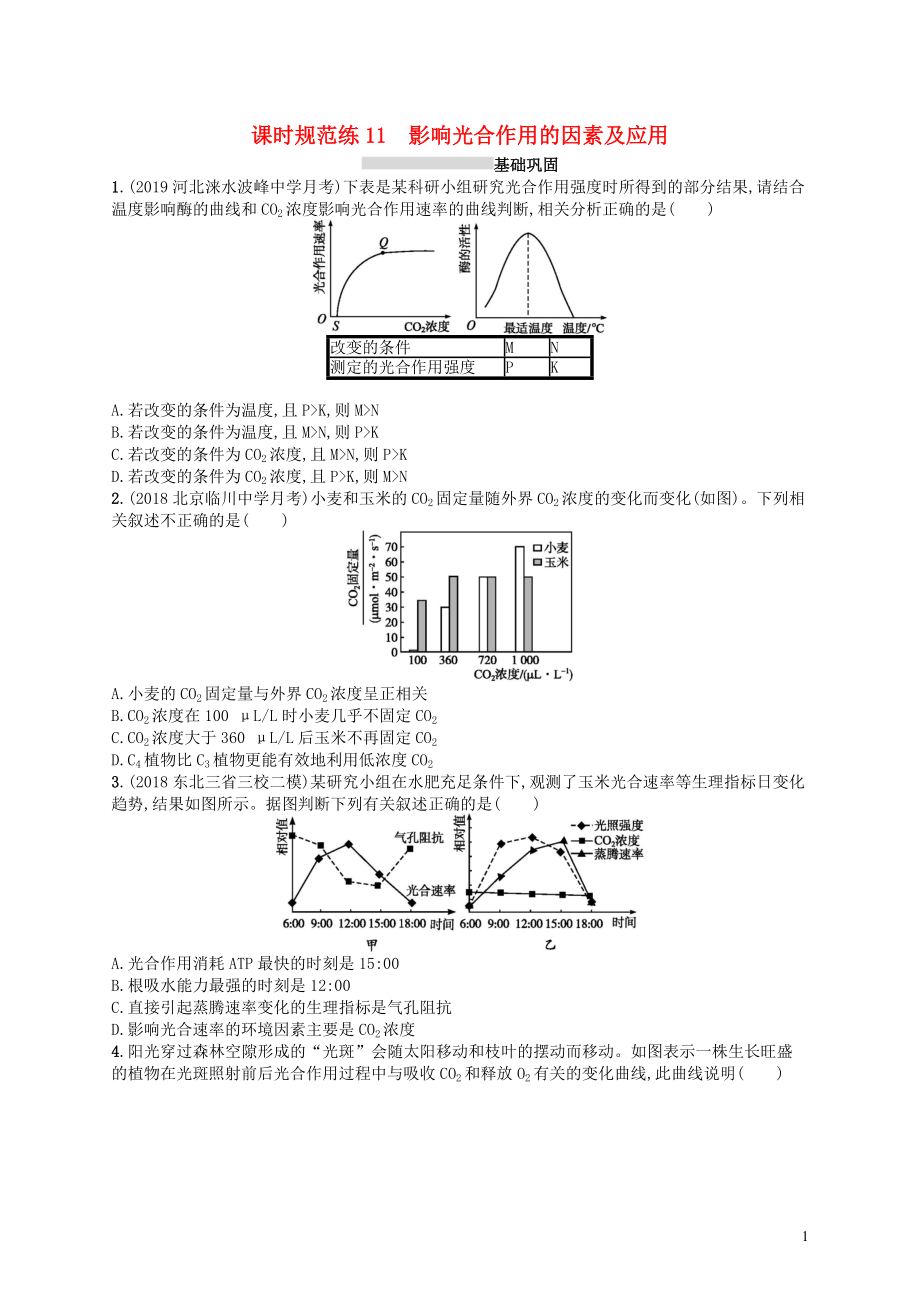 2020版高考生物大一輪復習 第3單元 細胞的能量供應和利用 課時規(guī)范練11 影響光合作用的因素及應用 新人教版_第1頁