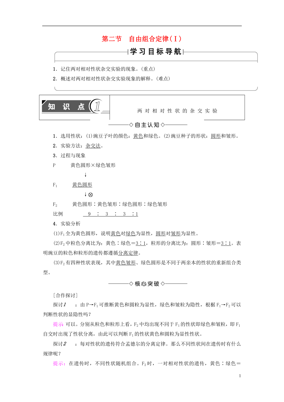 （教師用書(shū)）2016-2017版高中生物 第1章 孟德?tīng)柖?第2節(jié) 自由組合定律（Ⅰ）學(xué)案 浙科版必修2_第1頁(yè)
