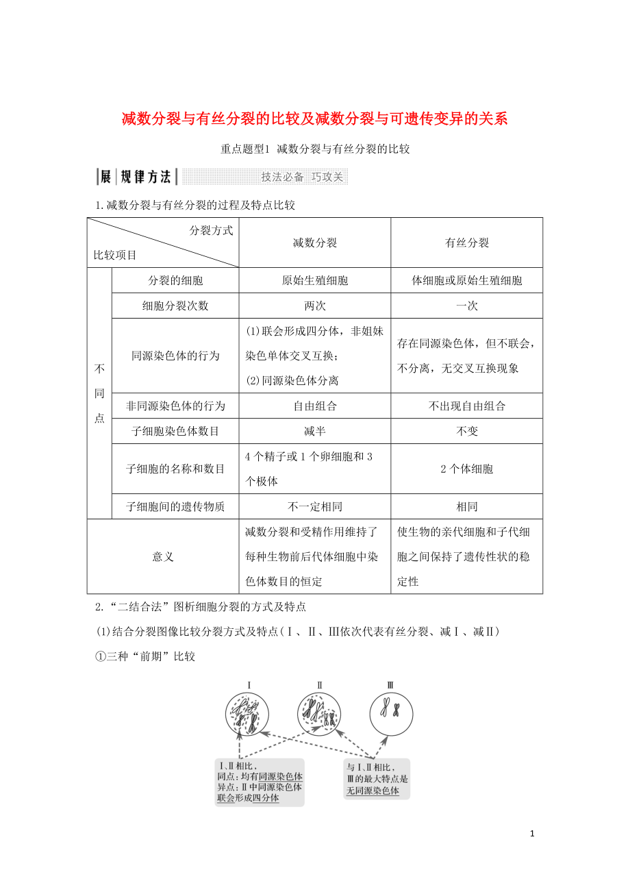 2020版高考生物 第五單元 細胞的生命歷程 考點加強課2 減數(shù)分裂與有絲分裂的比較及減數(shù)分裂與可遺傳變異的關(guān)系學(xué)案 中圖版必修1_第1頁