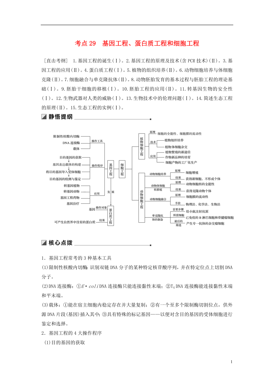 （通用版）2019版高考生物二輪復習 專題十 現(xiàn)代生物科技專題 考點29 基因工程、蛋白質(zhì)工程和細胞工程學案_第1頁