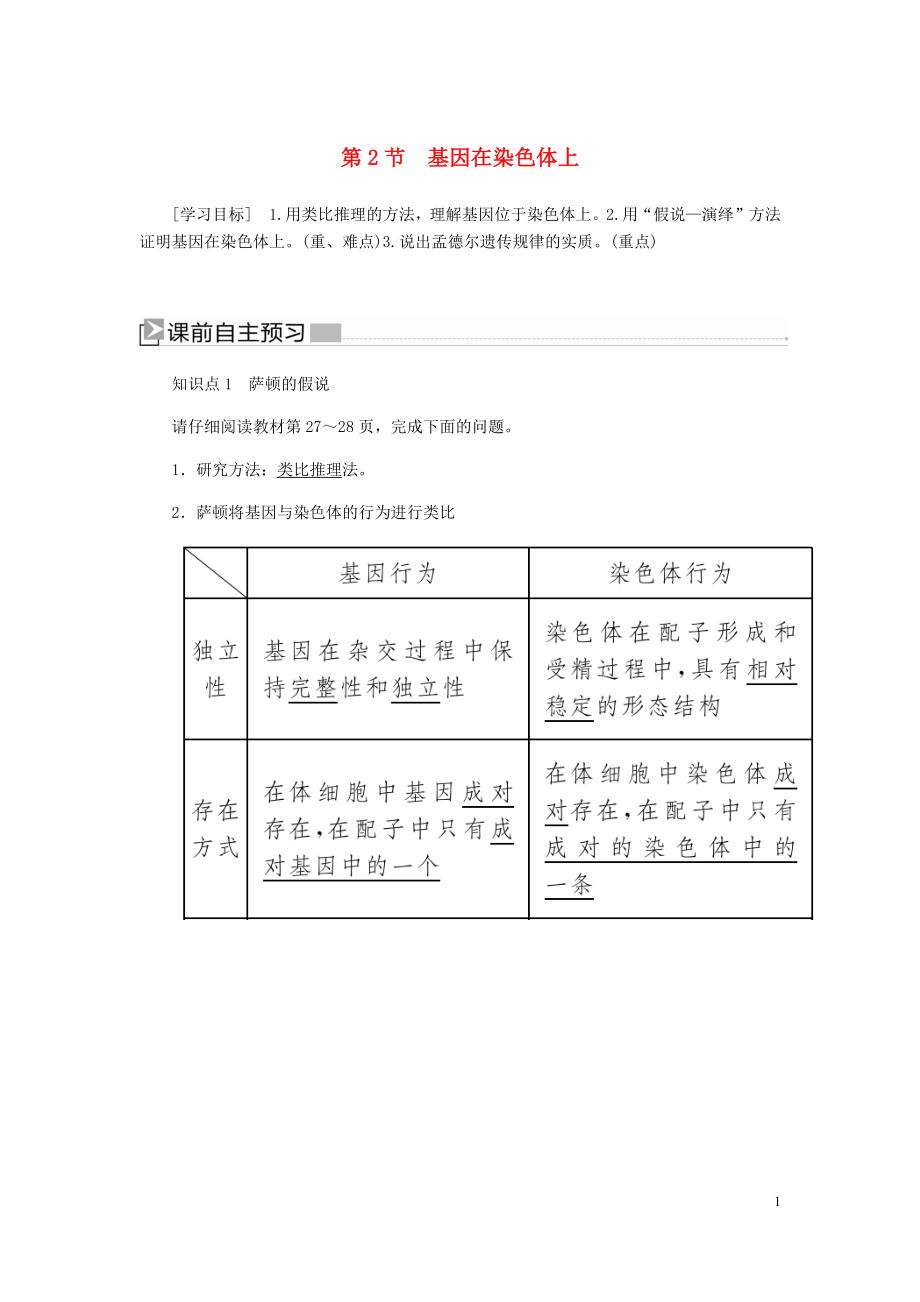 2020高中生物 第二章 基因和染色體的關(guān)系 2 基因在染色體上學(xué)案 新人教版必修2_第1頁(yè)