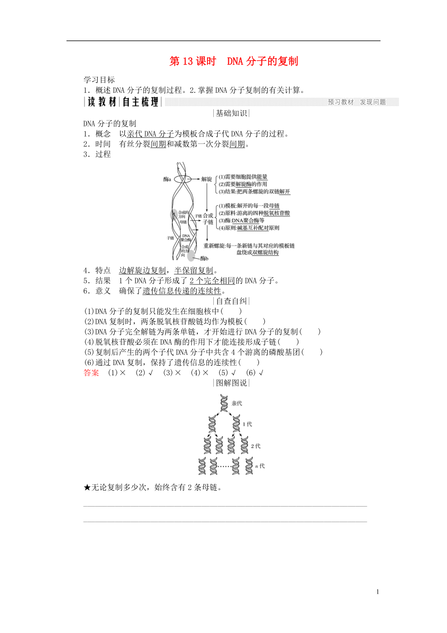 2017-2018學(xué)年高中生物 第四章 遺傳的分子基礎(chǔ) 第13課時 DNA分子的復(fù)制學(xué)案 蘇教版必修2_第1頁